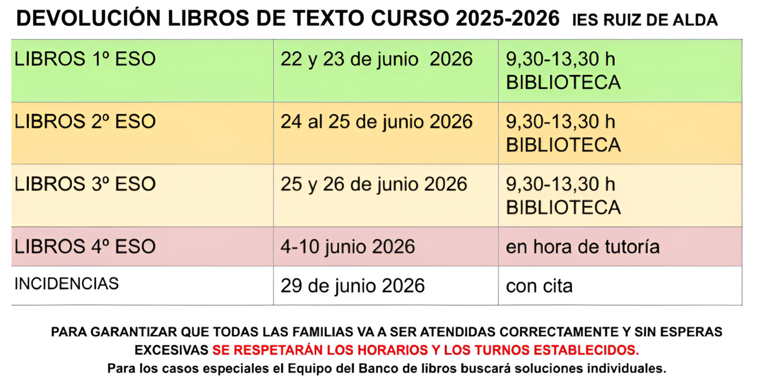 CALENDARIO Y PROCEDIMIENTO PARA LA DEVOLUCIÓN DE LIBROS DE TEXTO DEL CURSO 2025-2026