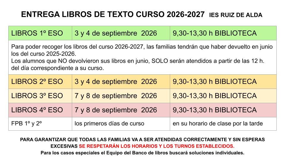 CALENDARIOS PARA LA ENTREGA Y DEVOLUCIÓN DE LIBROS DE TEXTO 2026-2027